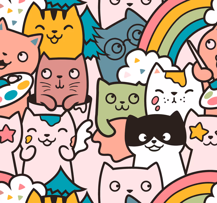 Blind children cat doodle pastel colors pattern - TenStickers