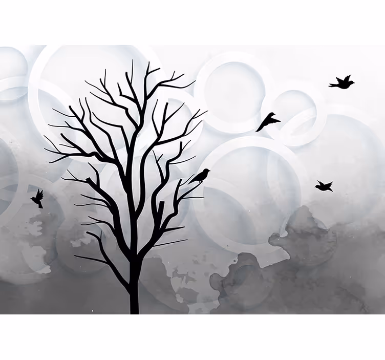 Kitchen roller blind with artistic black tree and birds - TenStickers