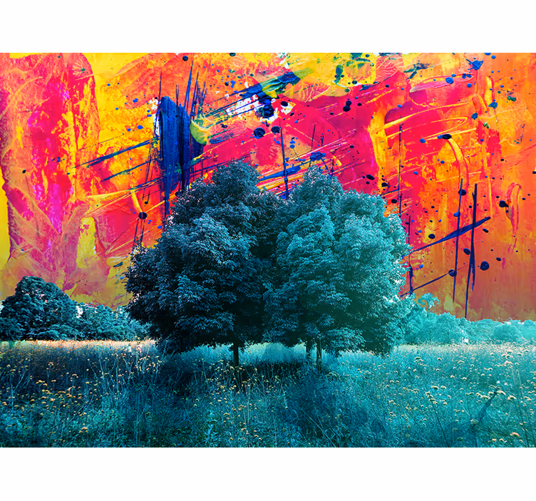 Living room blind with colorful field landscape trees - TenStickers