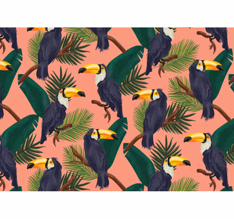 Living room blind exotic pink landscape with toucans - TenStickers