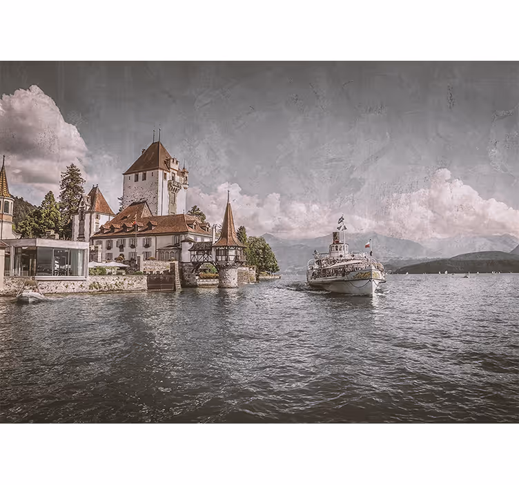 Living room blind classic lakeside house with boat - TenStickers