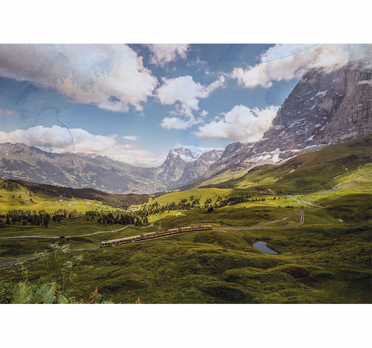 Living room blind scenic green field mountains train - TenStickers