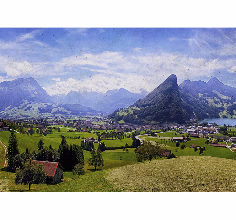 Living room blind with houses in green fields - TenStickers