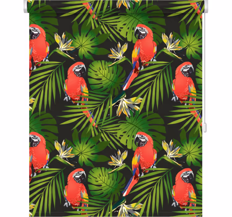 Kitchen roller blind with colorful parrots on gray - TenStickers