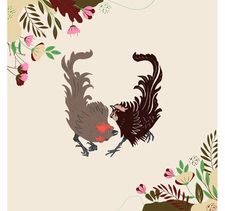 Blind beige two roosters with leaves and flowers - TenStickers