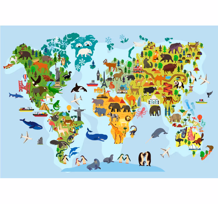 Children's world map roller blind with monuments and animals - TenStickers