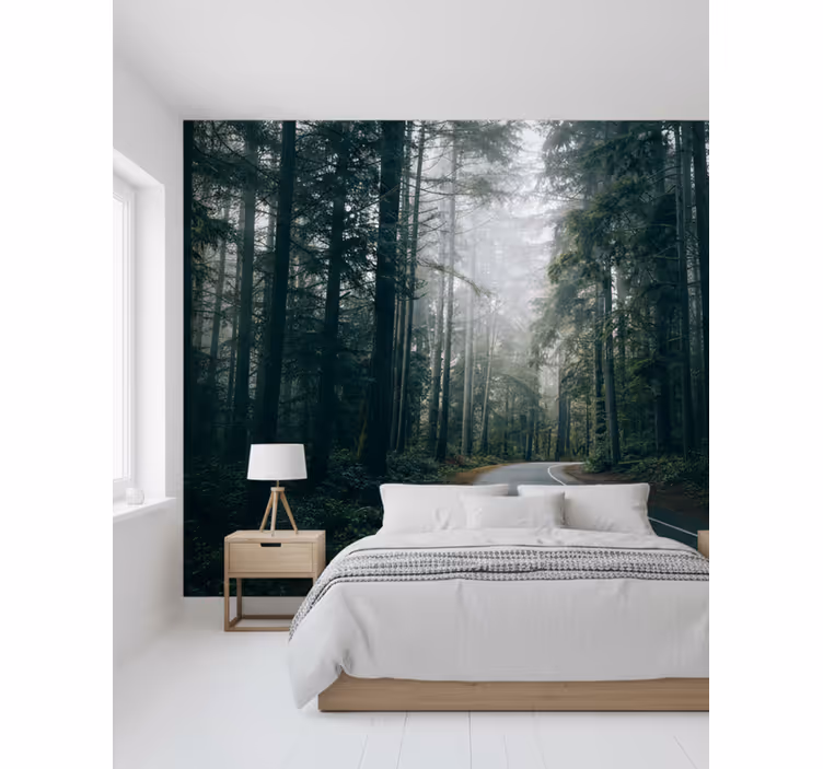 Forest wallpaper foggy pine road - TenStickers