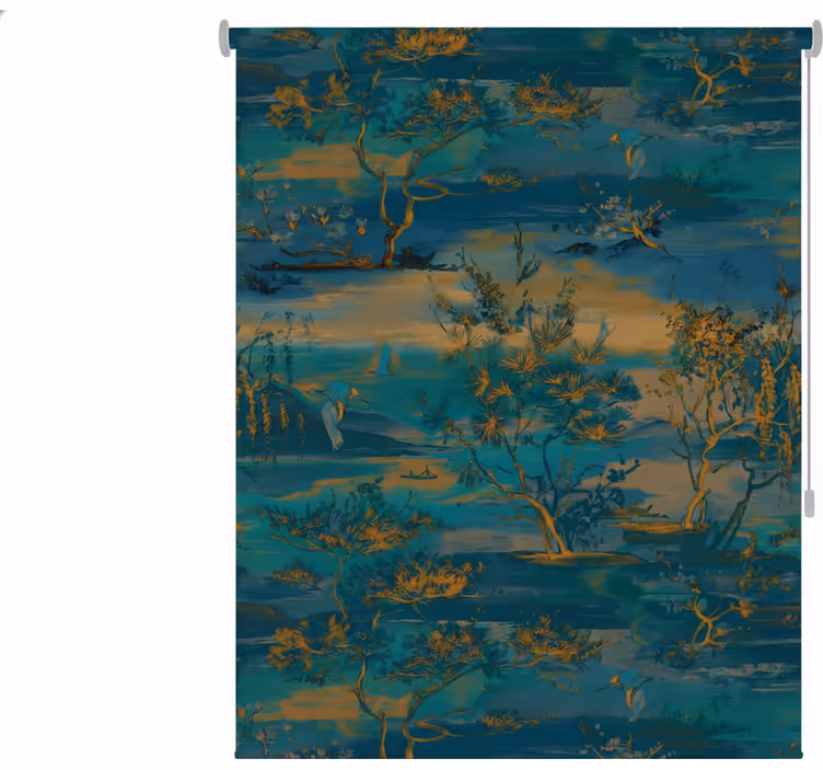 Wall mural bathroom blue and gold asian landscape - TenStickers