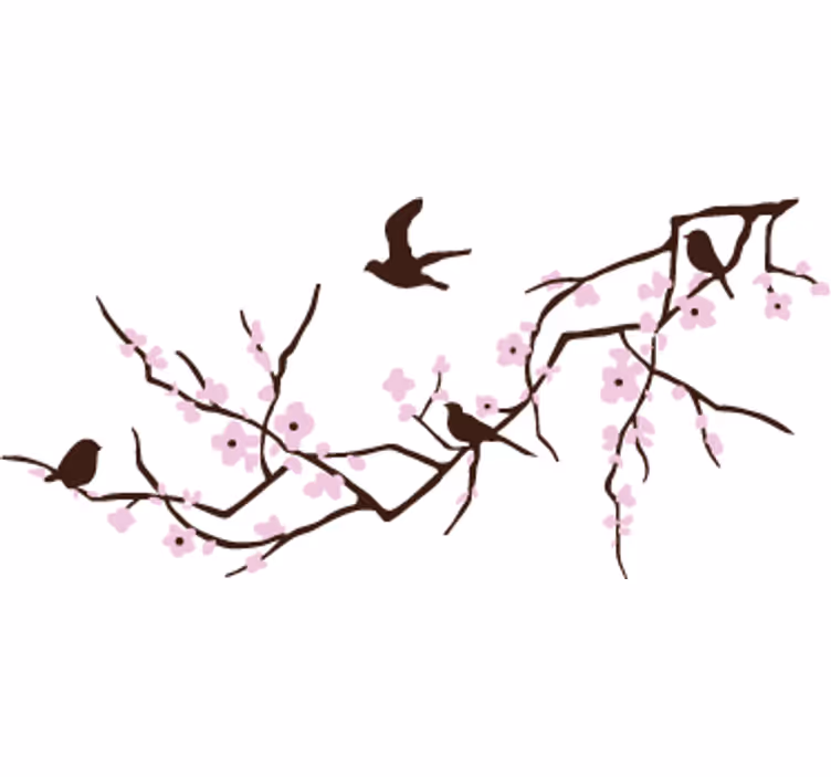 White wall mural decorative horizontal branch and birds - TenStickers