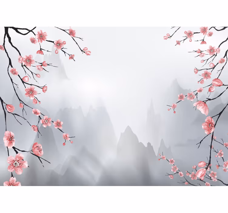 Grey wall mural cherry blossom and mountains - TenStickers