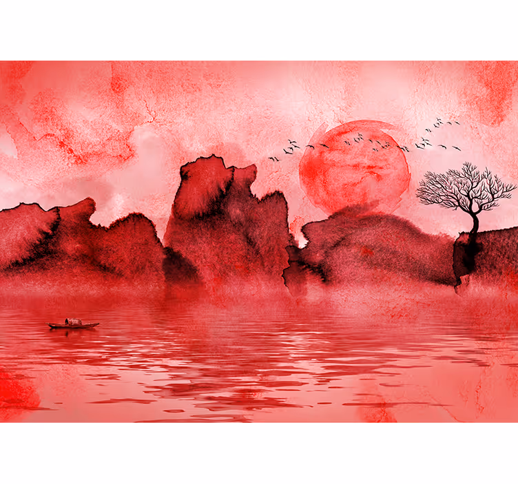 Wall mural red chinese ink landscape art - TenStickers