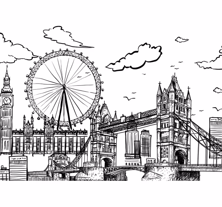 Drawing of London living room wallpaper - TenStickers