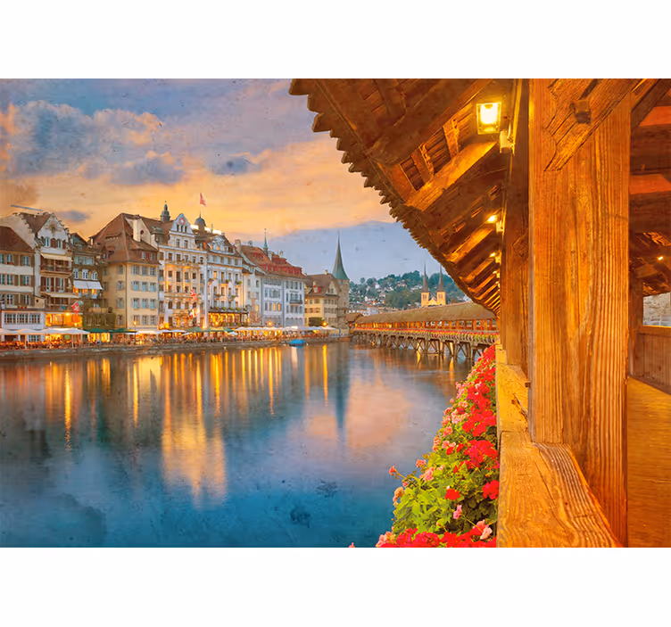 City wall mural historic lakeside architecture - TenStickers