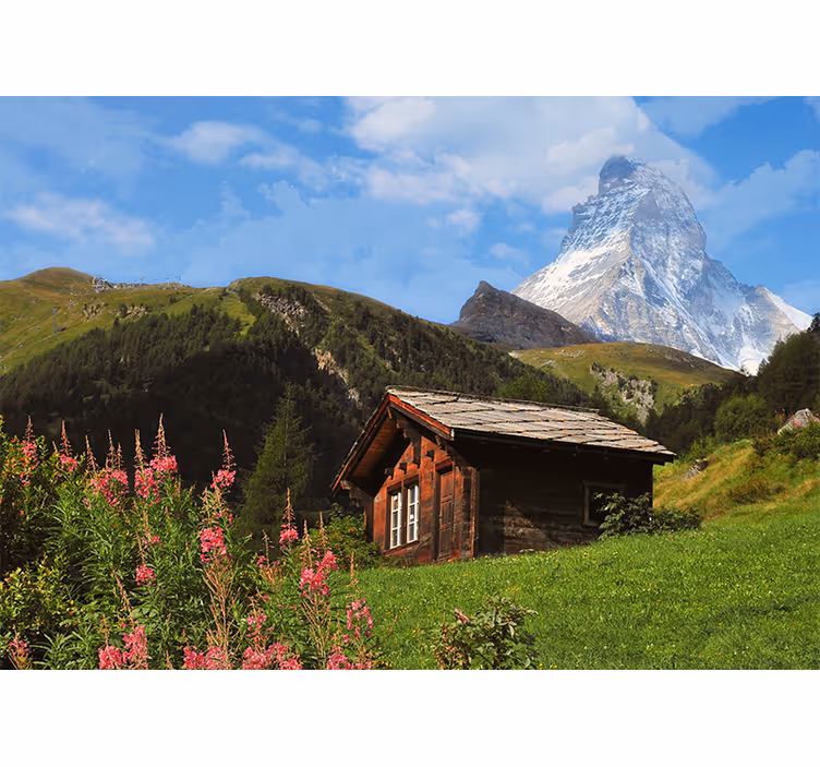 Landscape wall mural mountain lodge scene - TenStickers