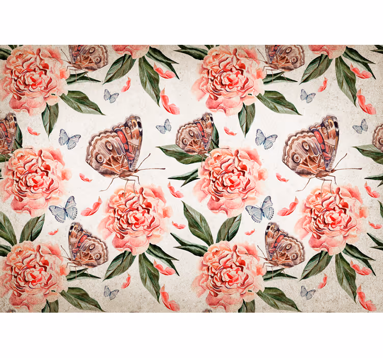 Butterflies and peonies flower wall mural - TenStickers