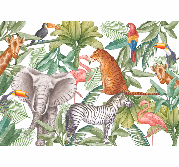 Watercolour animals design jungle living room wallpaper - TenStickers