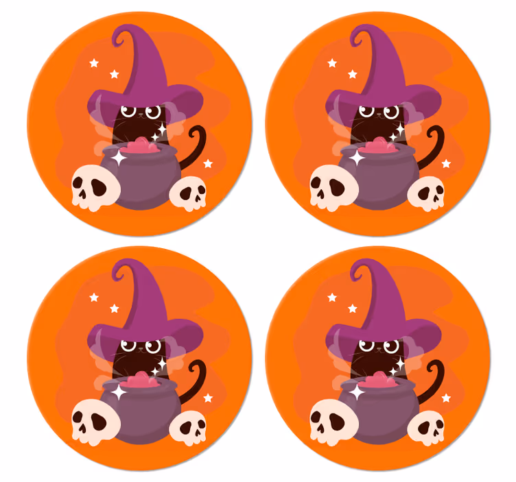 Cat witch hat illustration halloween coaster - TenStickers
