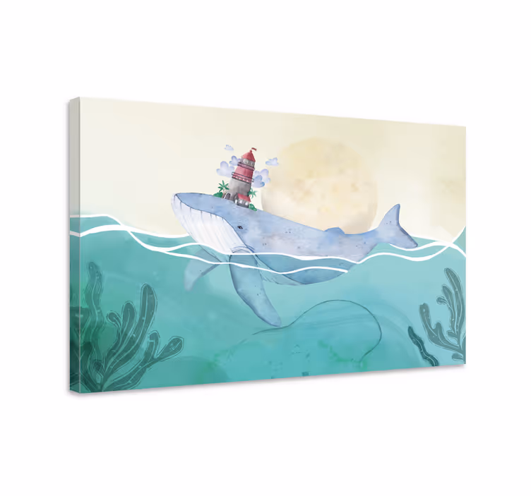 Nautical canvas art whale and lighthouse - TenStickers