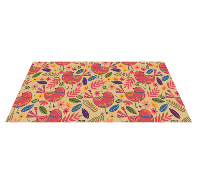Floral vinyl rug with colorful birds folk art design - TenStickers
