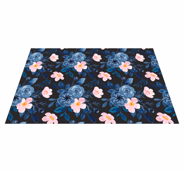 Floral vinyl rug in blue and pink on black - TenStickers
