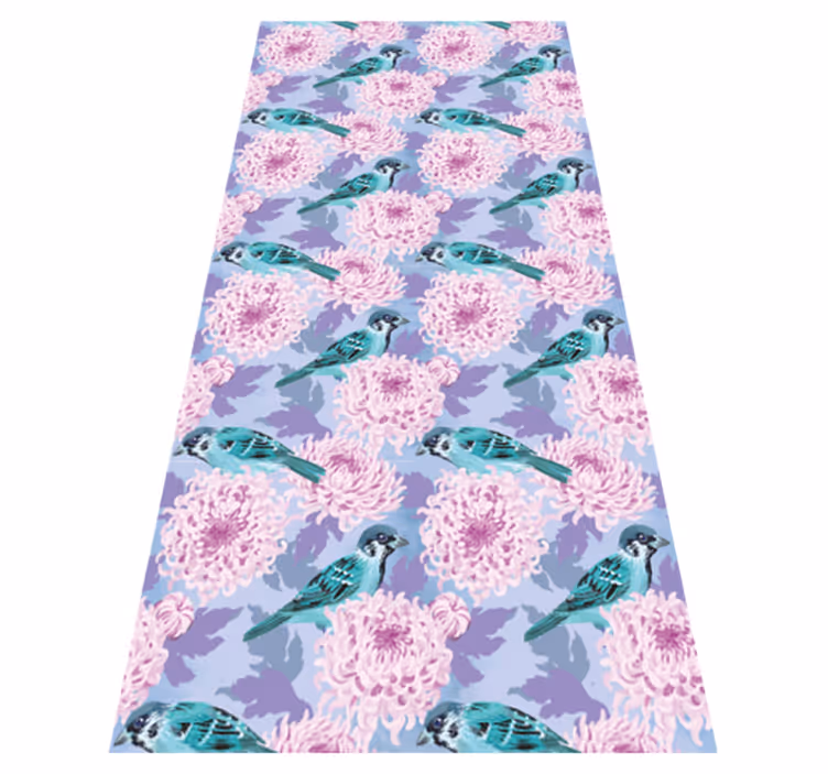 Floral vinyl rug pink garden flowers with birds - TenStickers