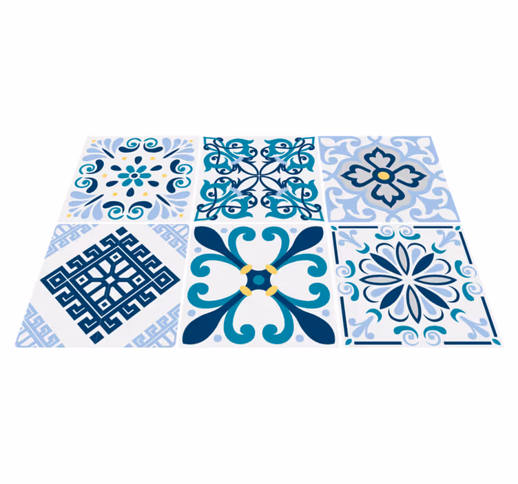 Kitchen vinyl rug in blue flower tiles - TenStickers