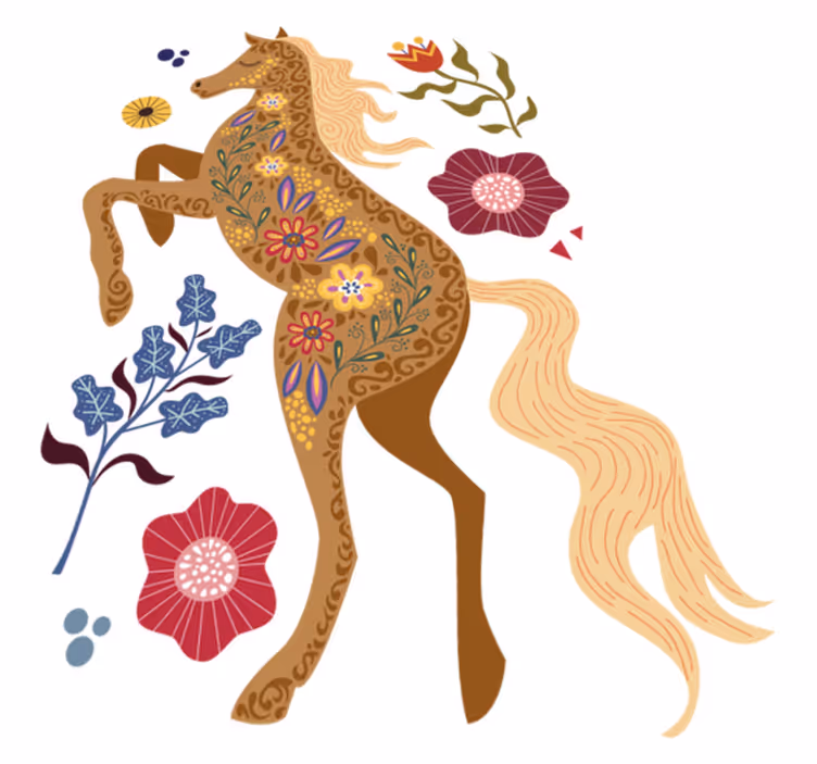 Floral vinyl rug with wild horse folklore design - TenStickers