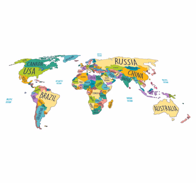 World map vinyl rug political map design - TenStickers