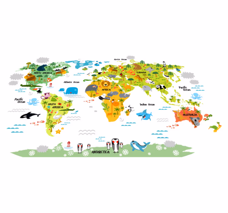 World map vinyl rug with english fauna design - TenStickers