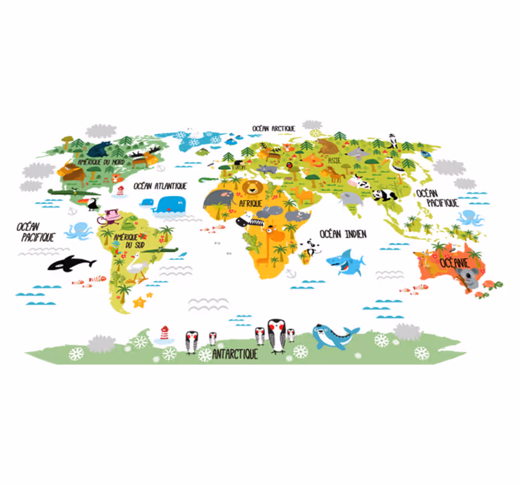 World map vinyl rug with animal designs - TenStickers