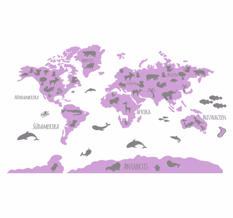 World map vinyl rug in pink and grey animal design - TenStickers