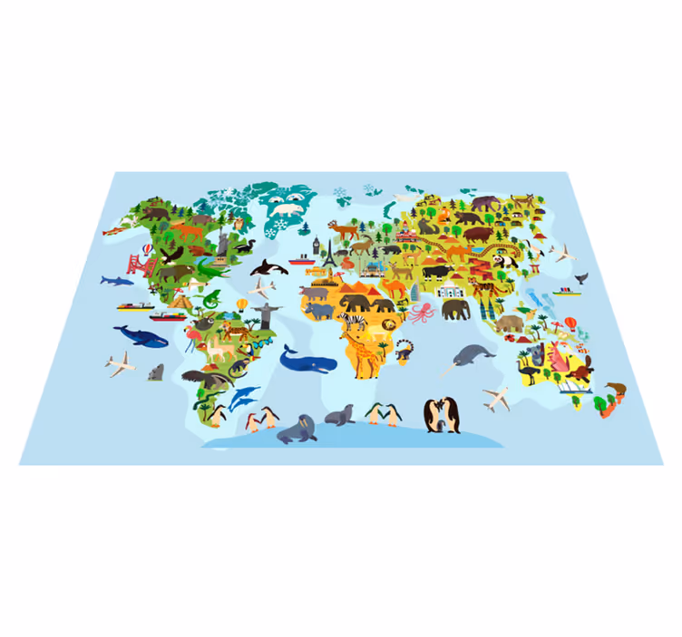 Children's world map vinyl rug with monuments and animals - TenStickers