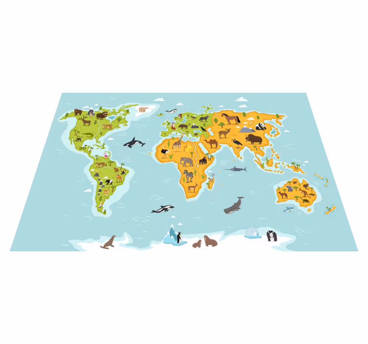 World map vinyl rug children's world map fauna flora - TenStickers