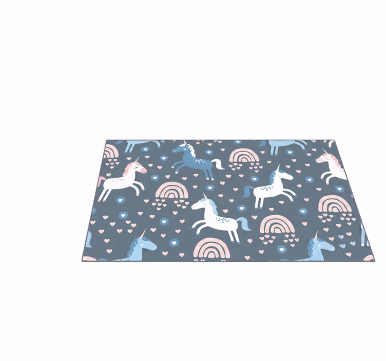 Kids vinyl rug featuring pink rainbows and white unicorns - TenStickers