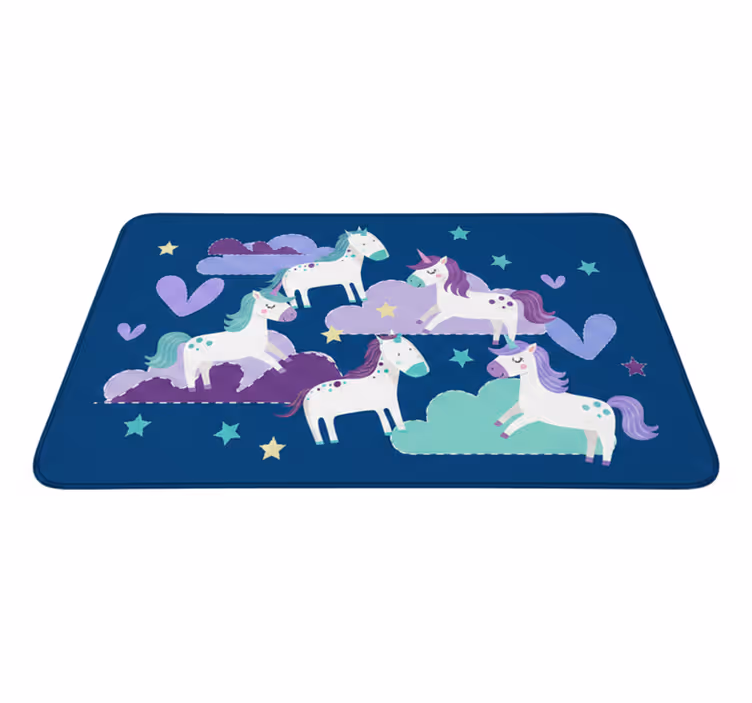 Kids vinyl rug featuring adorable unicorns clouds stars - TenStickers