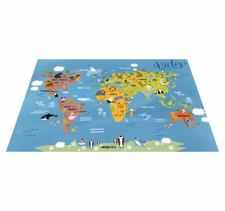 World Map with animals kids vinyl rug - TenStickers