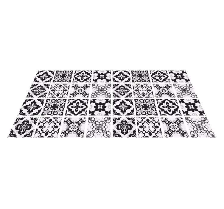 Black and white hydraulic tile kitchen vinyl rug - TenStickers