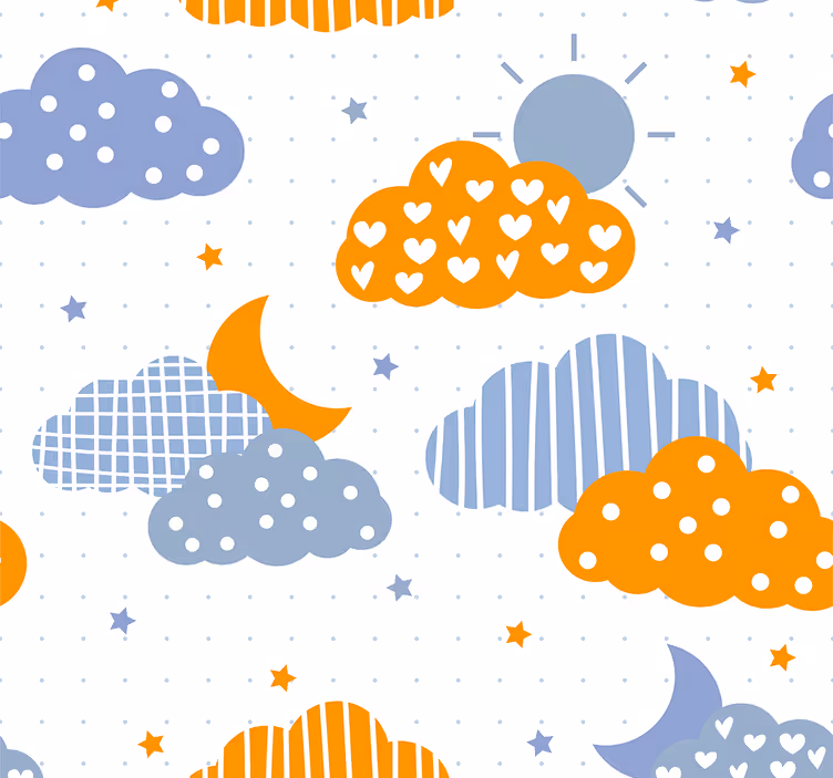 Blue and orange clouds and sun children's wallpaper - TenStickers