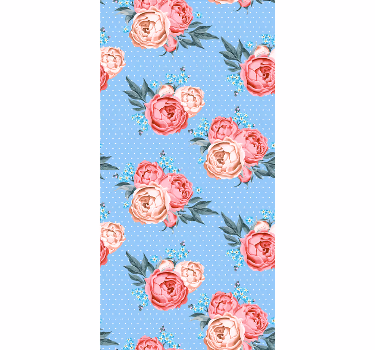 Hallway wallpaper featuring blue blooming pink roses - TenStickers