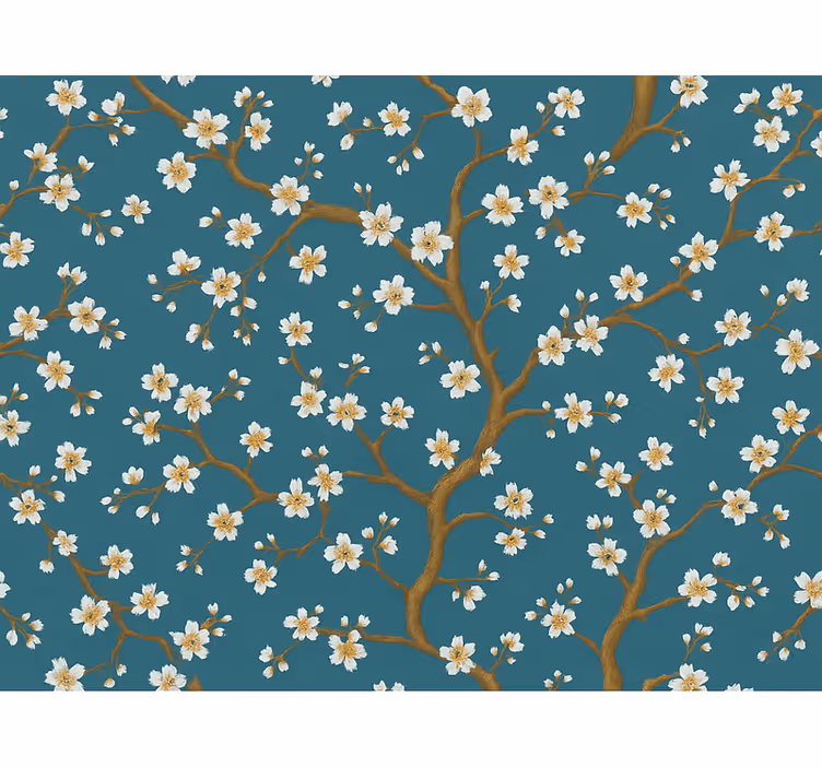 Flowers wallpaper golden blossom teal - TenStickers