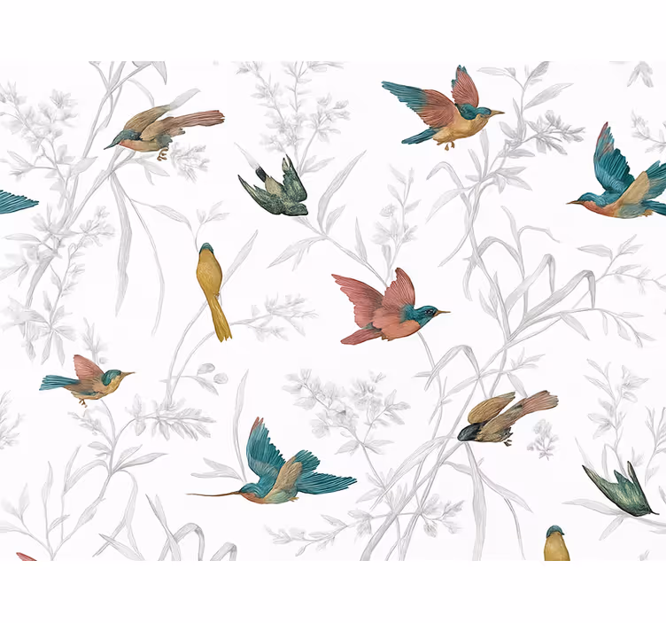 Living area wallpaper with bird and leaf design - TenStickers
