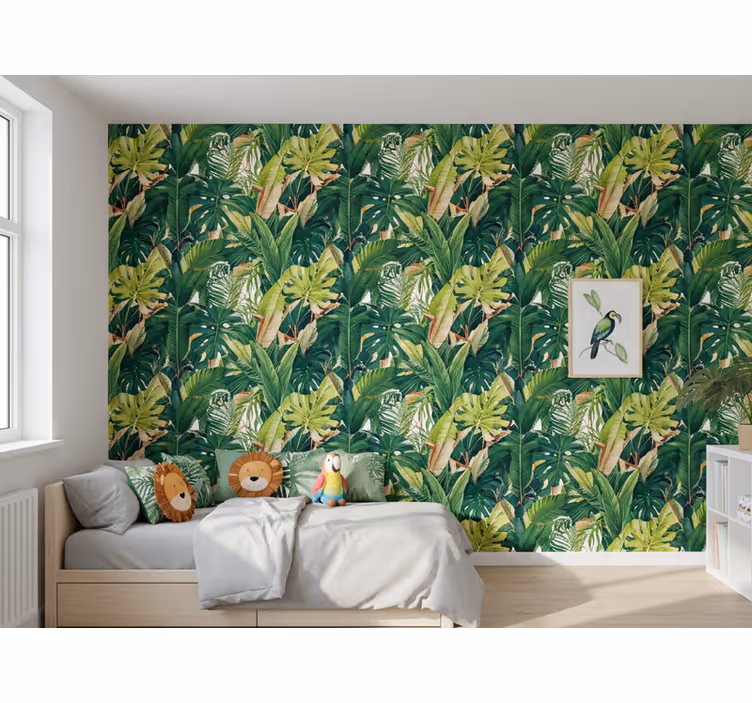 Leaves wallpaper realistic rainforest leaves - TenStickers