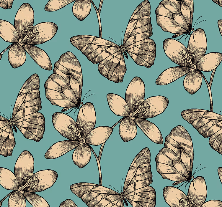 Beige flowers on blue background butterflies wallpaper - TenStickers