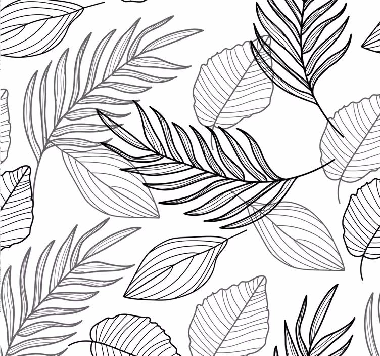 Black and white living room wallpaper drawing leaves - TenStickers