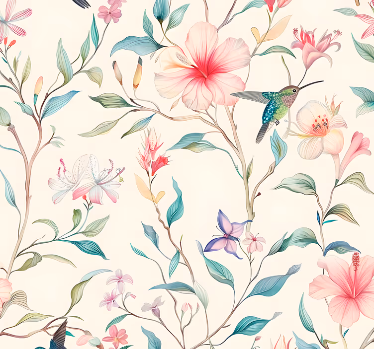 Flowers and hummingbirds pattern floral wallpaper - TenStickers