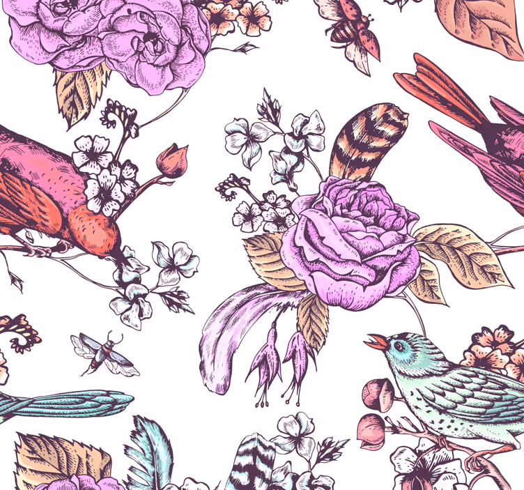 Pink birds design floral wallpaper - TenStickers