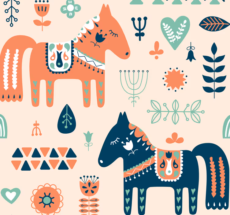 Nordic leaves on beige horse bedroom wallpaper - TenStickers