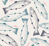 Hand drawn salmon fish pattern animal kitchen wallpaper