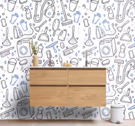 Cleaning tools motif bathroom wallpaper