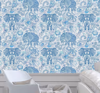 Blue ethnic pattern elephants wallpaper